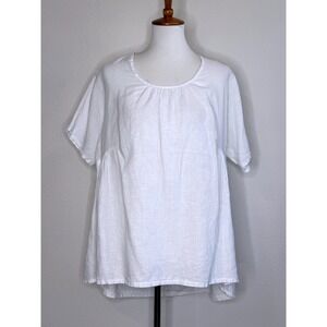 MADE IN ITALY 100% Linen Babydoll Tunic Top LG White Short Sleeve Summer
